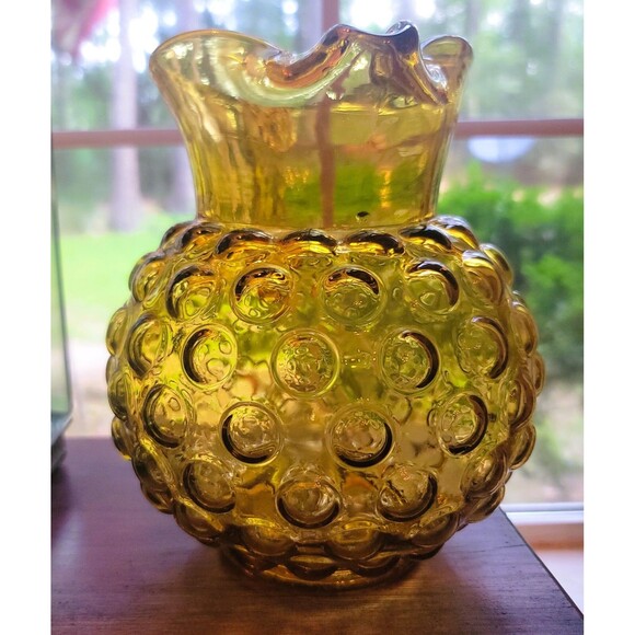 VTG Amber Glass Hobnail Pitcher wide belly applied handle hand blown 8.25" H MCM - Picture 6 of 16